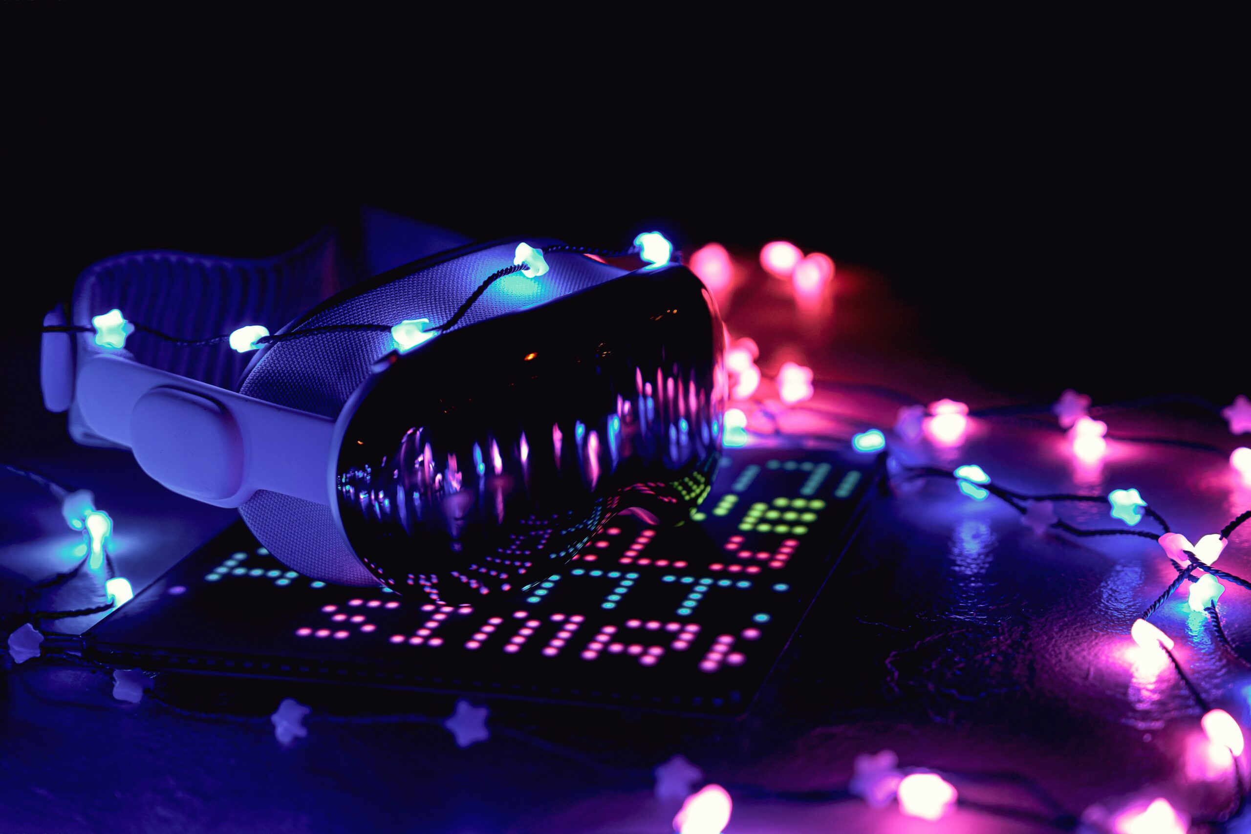 AI smart toy glowing circuits - A close up of a camera with a lot of lights around it