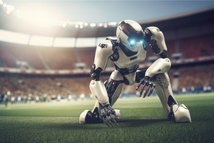AI robot playing soccer - Robot playing soccer match. Generate AI