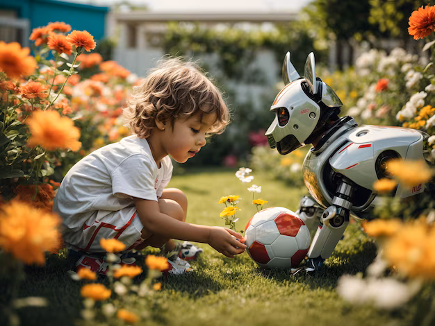 child playing with robotic dog - An innocent child plays football in a flower garden in the daytime ...