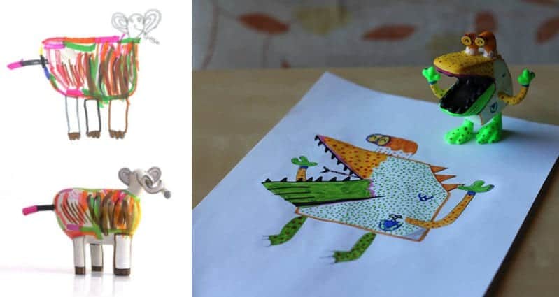 child's drawing next to a 3D printed toy - 12 Kids' Drawings Turned Into 3D-Printed Figurines