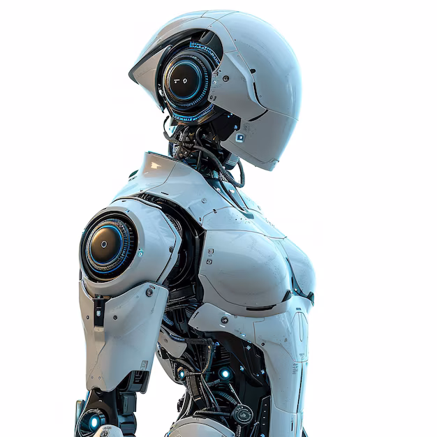 futuristic humanoid companion robot - Glorious scifi robot companion isolated on white background ...