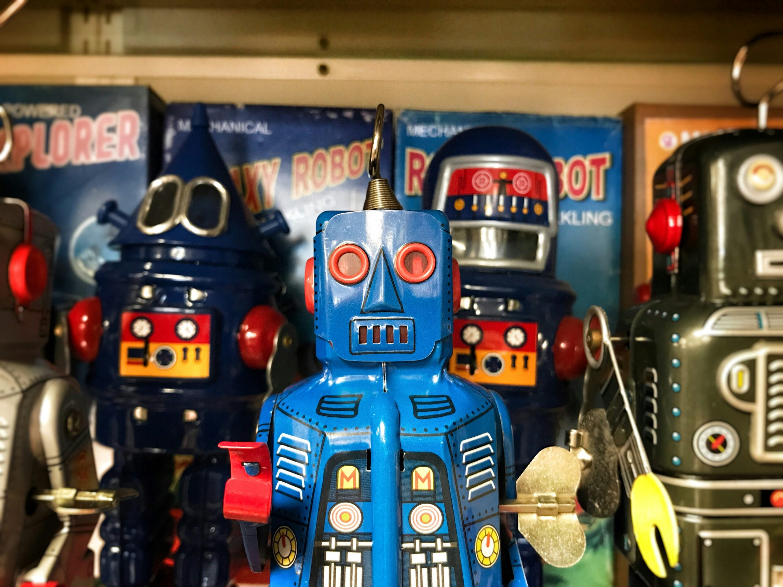 Keywords: vintage tin toy robot - Toy robots at a collectible toy store in Mt. Airy, MD