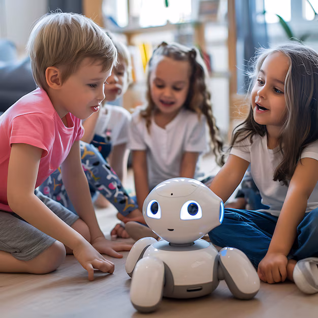 Child interacting with AI robot toy - Children interacting with a robot toy | Premium AI-generated image