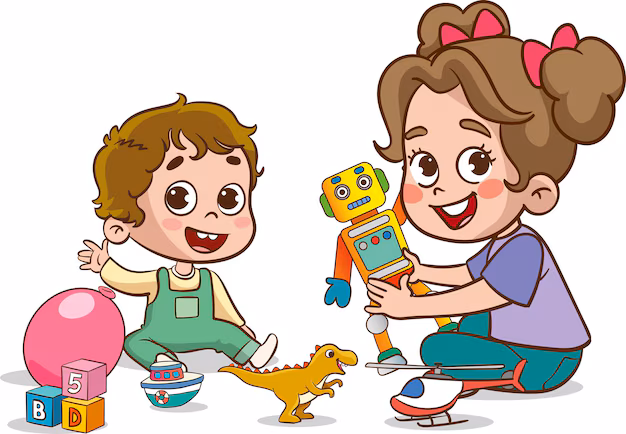 Child playing with robot toy - Vector illustration of kids playing with a toy robot and toys ...