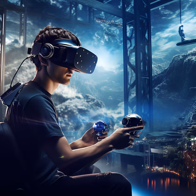 Man wearing virtual reality headset playing game - A man wearing a vr headset and playing a game with a city in the ...