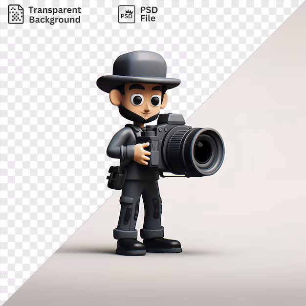 AI toy with camera eye - 3d photographer taking a picture with a black camera wearing a ...