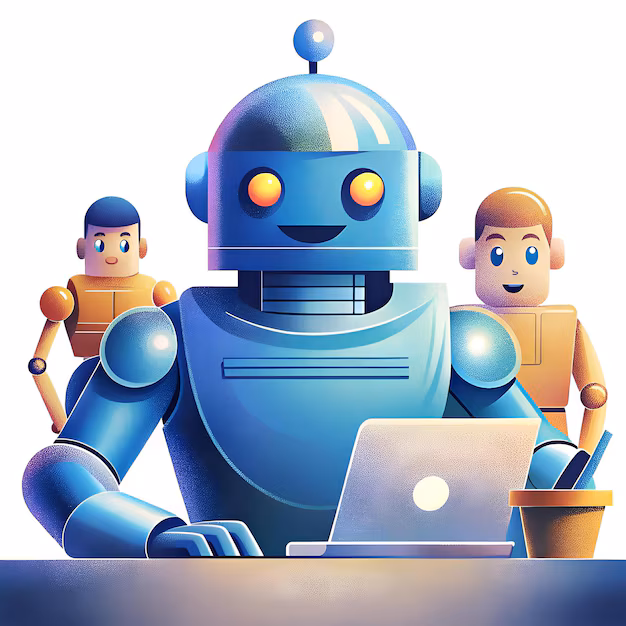 small humanoid robot on desk - A friendly robot sits at a desk with a laptop while two small ...