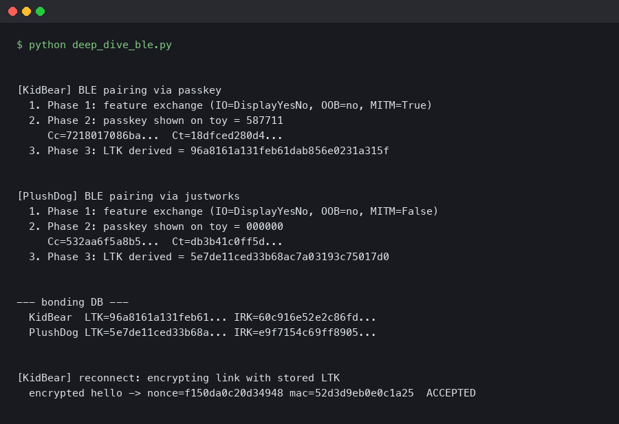Terminal output for Deep dive: BLE pairing and bonding flow for kid-safe smart toys