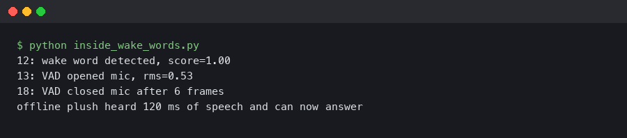 Terminal output for Inside Wake Words and VAD for Offline AI Plush Assistants