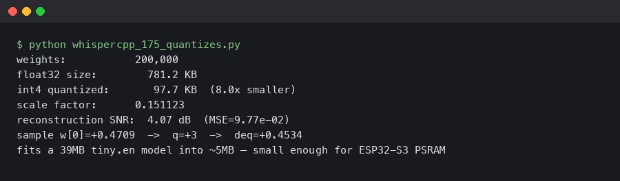 Terminal output for whisper.cpp 1.7.5 Quantizes tiny.en to 24MB — Offline ASR Now Lives Inside an ESP32-S3 Plushie